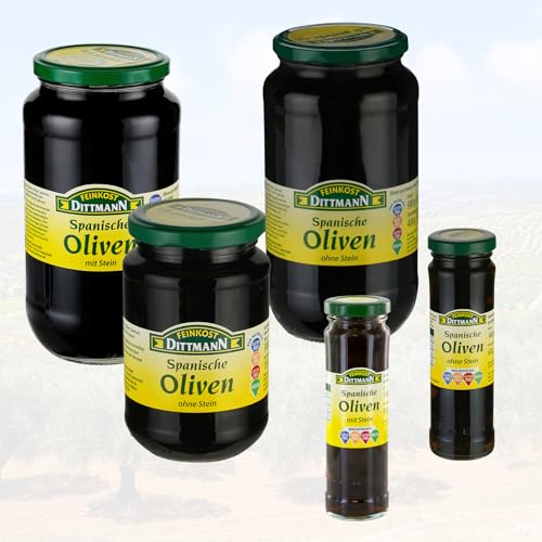 Feinkost Dittmann Spanische Oliven ohne Stein - 340g, 1er Pack - Schwarze Oliven eingelegt - Geschwärzte Olivenfrucht - Ideal für Pizza, Salate, Spanische Antipasti