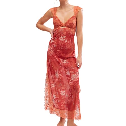 chinese dress ladies Women Sexy Lace Patchwork Mesh Dress Floral Print Cutout Sweetheart Neck  Backless Slit Summer Maxi Dress(Orange, Small,) at Amazon Women's Clothing  store