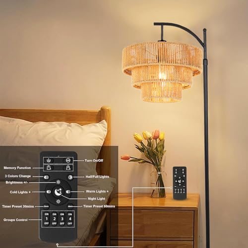 Illmtw Boho Floor Lamp For Living Room With Remote,Arc Floor Lamps Rattan Standing Lamp Dimmable Farmhouse Tall Lamp With 3-Tier Wicker Lamp Shade Adjustable Black Floor Light For Bedroom Bohemian thumb #7