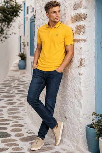 Image of Louis Philippe Men's Slim Fit Single-Tuck Pique Stylized Sleeve Print and Contrast Tipping Half Sleeve Solid Polo Tshirt