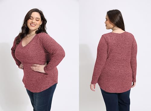 Image of RITERA Plus Size Sweater, Ribbed Long Sleeve Solid Top for Women | Soft vertical ribbed knit, modest V neck, loose long sleeves, curved swing hem, slimming casual layering top for curvy women