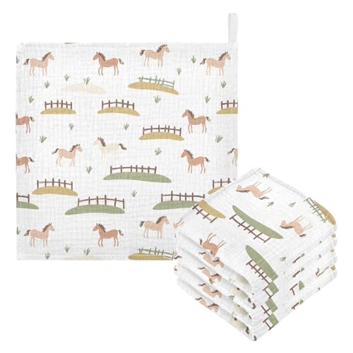 Image of vvfelixl Cute Horses Fences Baby Burp Cloths Baby Muslin Washcloths for Boys Girls Cotton Babys Face Towel for Newborn Infants Soft and Absorbent 11.8 X 11.8 in, 5 Pack