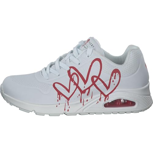 Skechers Skechers Women's Uno Dripping in Love Sneaker, White with Red Printed Duraleather White Me, 2 UK