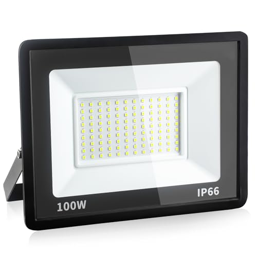 Fynokst 100W Faretto LED da Esterno, 10800LM Sovrilluminante Faro LED Esterno, 6000K Luce Bianca Fredda, IP66 Waterpoof Faretti per Giardino, Garage, Campo sportivo, 1 Pezzi