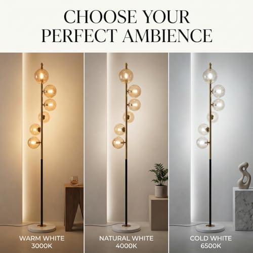 Image of Floor Lamp 3-Color CCT (Warm + Natural + Cold White) | 5-Globe Amber Glass Metal Stand | Marble Base | Living Room Bedroom