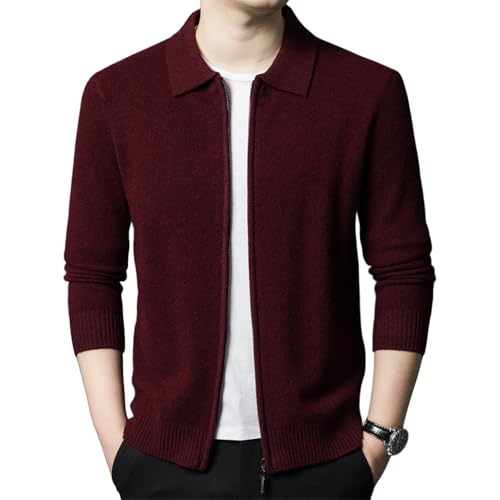 Men's 100% Wool Full Zipper Cardigan Casual Solid Color Sweater Ribbed Knit Long Sleeved Sweater