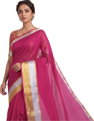 Image of Women's Mul Cotton Saree with Tassels | Soft Mulmul Saree | Woven Stripes & Zari Line | 5.5 Metres - Without Blouse