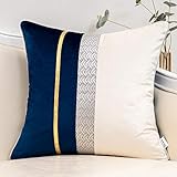 Yangest Navy Blue Patchwork Velvet Throw Pillow Cover with Gold Striped Leather Cushion Case Modern