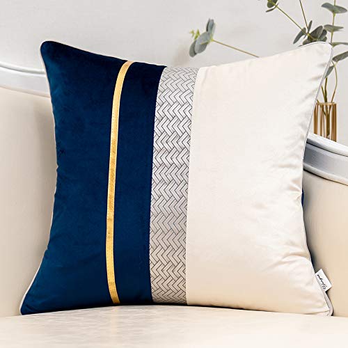Yangest Navy Blue Patchwork Velvet Throw Pillow Cover With Gold Striped Leather Cushion Case Modern Luxury Pillowcase For Sofa Couch Bedroom Living Room Home Decor,18"X18" #TOP9
