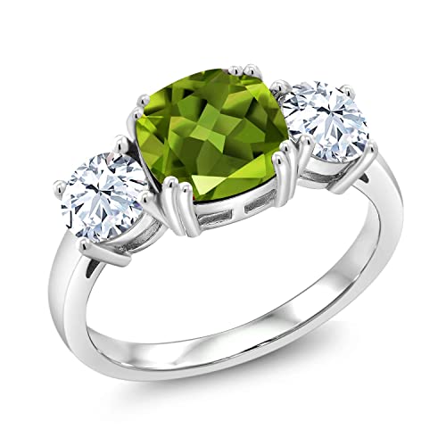 Gem Stone King 3.95 Cttw Green Peridot and White Zirconia 3 Stone Engagement Ring For Women | 925 Sterling Silver | Gemstone August Birthstone | Cushion 8MM | Available in Size 5,6,7,8,93
