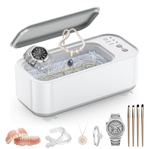 Ultrasonic Jewellry Cleaner, 48kHz Ultrasonic Cleaner with 3 Cleaning Modes & 400ML Tank, One-Touch Operation Sonic Jewellery Cleaner for Glasses, Jewellery, Ring, Silver
