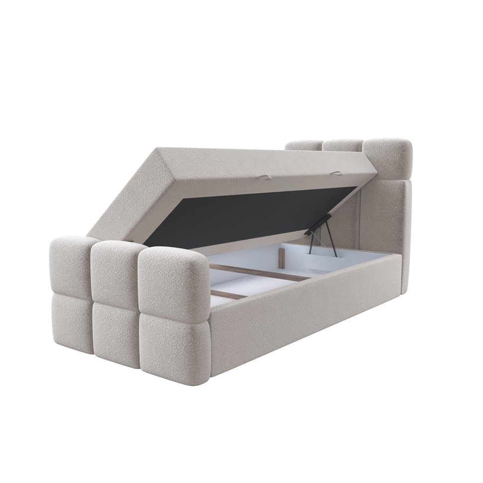 Boxspringbett SALA MINI mit Bettkasten, H3 Bonellfederkernmatratze und T25-Topper – kompaktes Einzelbett und modernes Polsterbett (Creme - Fredo 15, 100 x 200 cm)