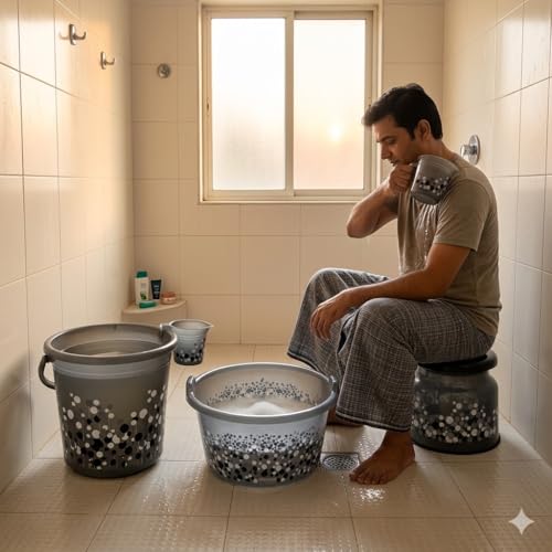 Image of AIR O MATIC Plastic Bathroom Set 06 Pieces Heavy Duty, Large Capacity (18 LTR Tub, 18 LTR Bucket, NOVA Patla Round, Tidy Dustbin 9 LTR, Mug 1LTR, Soap Case) Black