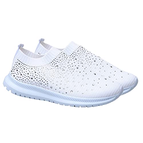 Womens Loafers Rhinestone On Sneakers Breathable Sock Shoes Mesh Walking Running Sports Shoes Platform Sneakers White