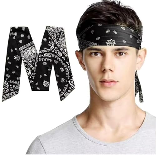 Image of Sweat Sweatband Headband Men, Ninja Headbands, Sports Head Tie, Mens Paisley Headband Long Hair, Athletic Head Band - White Blue & Black Combo