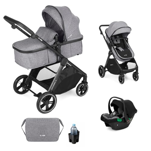 Nurse Wander C Trio Poussette Bébé 3 en 1, Nacelle Convertible en Hamac et Siège Auto i-Size, Pliage Compact, avec Accessoires, Gris