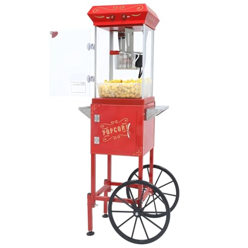 Popcorn Machine with Cart Wheels - Popcorn Maker with 8OZ Stainless Steel Kettle, pop corn Machine Maker for Home, Theater Style, Parties, Christmas, Outdoor Use, Red