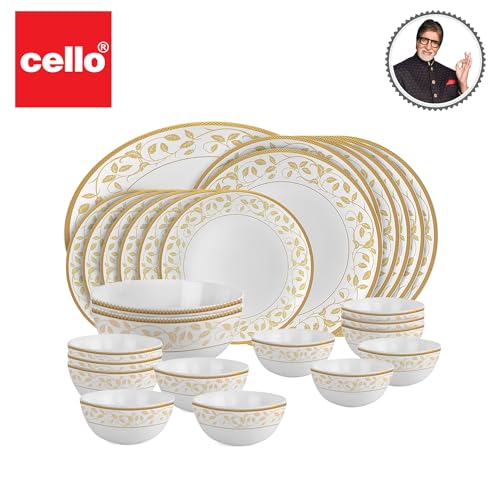 Image of Cello Opalware Divine Series Amber Gold Dinner Set, 27 Units | Opal Glass Dinner Set for 6 | Crockery Set for Festive Ocassions, Parties | White Plate and Bowl Set,Floral