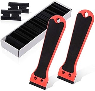 Ehdis 2 pcs Plastic Scraper with 100 Plastic Razor Blade, 6inch Long Handle with EVA Foam, Adhesive Remover, Sticker Remover, for Remove Label, Glue, Sticky Stuff, Decal, Red