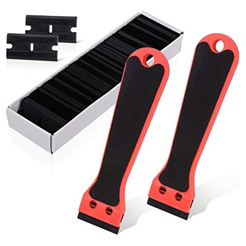 EHDIS 2pcs Plastic Razor Scraper 6-inch Long Handle Adhesive Remover Tool with 100 Double-Edge Blades for Window Tint Vinyl Scraper Decal Sticker Glue Remover (Red) Cover