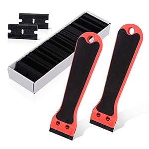 Ehdis 2 stuks kunststof schrapers met 100 kunststof messen, schraper met lange steel, plastic schraper voor lijmresten verwijderaar, etikettenverwijderaar, stickers verwijderen (rood)