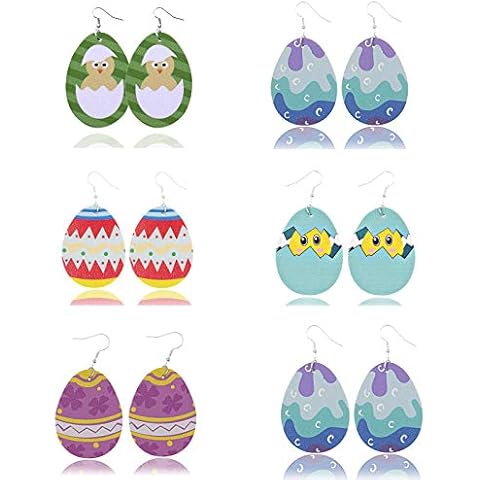 4-6 Pairs Easter Faux Leather Earrings Lightweight Happy Easter Bunny Earrings Holiday Egg Teardrop Earrings Easter Egg Print Leather Drop Earrings Set Easter Day Gift for Women Girls 6 Pairs-Egg Cover