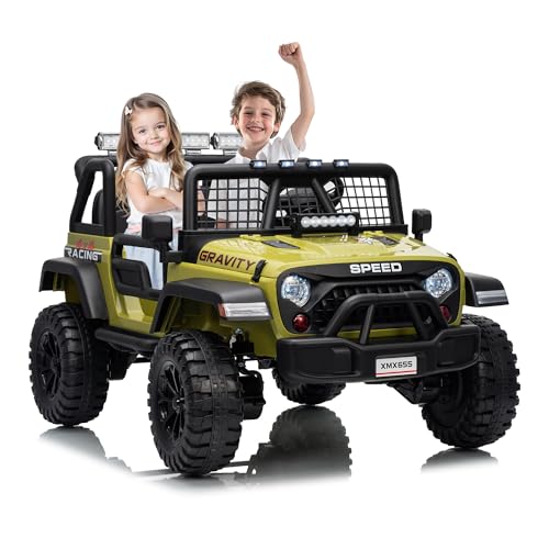 Garvee 24V 2-Seater Kids Electric Truck with Parent Remote Control, 100Min Ride-on Car, 4WD Dual Motor, 2 Speeds, Spring Shock Absorber, LED Headlights, Siblings Gift Kids Electric Vehicle, Green
