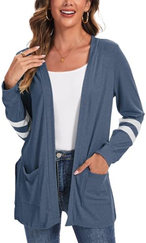 Lightweight Cardigan for Women Long Sleeve Fall Cardigans with Pockets Open Front Sweater with Striped Sleeve