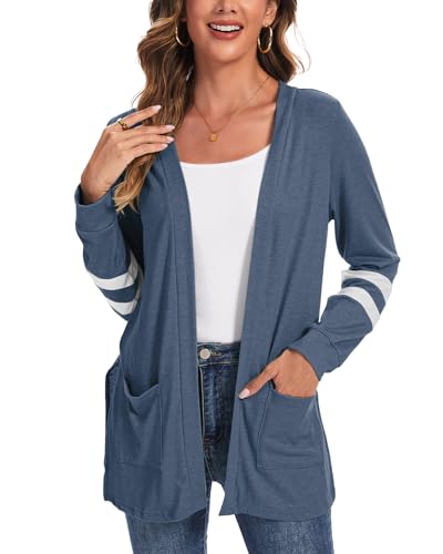 Lightweight Cardigan for Women Long Sleeve Fall Cardigans with Pockets Open Front Sweater with Striped Sleeve