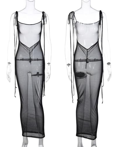 Image of Suillty Women Mesh Sheer Spaghetti Strap Long Maxi Dress Sexy Sleeveless Backless Beach Swimsuit Cover Ups Party Club Dresses
