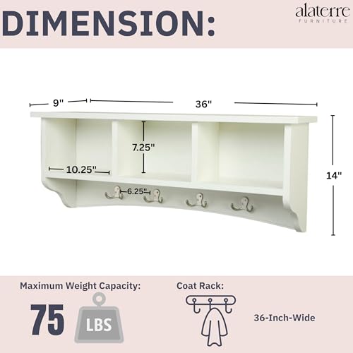 Image of Shaker Cottage 36-Inch Wall-Mounted Coat Rack with 3 Open Shelves - Transitional Entryway Organizer, Mudroom Storage Shelf with 4 Hooks - Space-Saving Wall Storage by Alaterre Furniture (Ivory)
