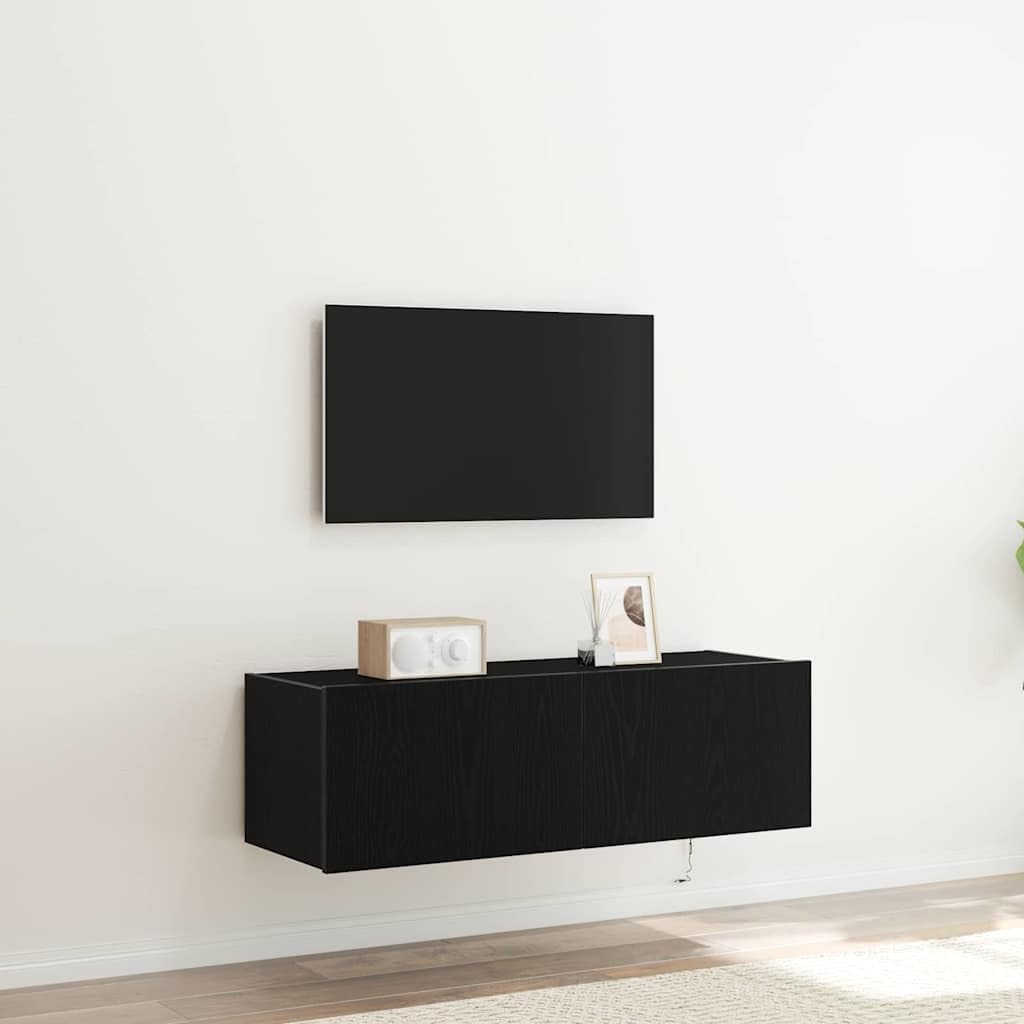 Szafka ścienna pod telewizor, zestaw 2 sztuk, wygląd czarnego dębu, 100 x 35 x 31 cm, nowoczesny regał wiszący do salonu, konsola medialna z oświetleniem LED