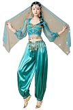 ZYSAMME Women's Belly Dance Halloween Performance Costumes Aladdin Jasmine Princess Dress 4 Piece Outfit 06 Tag S-Peacock Blue