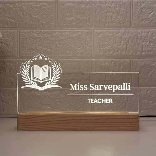 Image of Personalized Acrylic Desk Name Lamp for Teacher's Day | Custom Sign for Best Teacher Ever LED Light with Name, Designation & School Logo | Principal, Professor, Lecturer, Tutor, Mentor Appriciation Gift | Best for Birthday, Promotion, Farewell, Retirement (10 x 6 inch) (For Teacher)