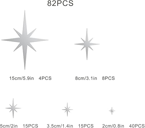 Miniatura 5 de 1 hoja de 82 calcomanías acrílicas de pared con diseño de estrella de espejo de estrella, color oro rosa, fáciles de pelar, autoadhesivas,