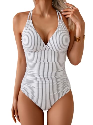 Image of Aidonger Women's One Piece Color Block Swimsuit Tummy Control Slimming Bathing Suit V Neck Cutout High Waisted Swimwear