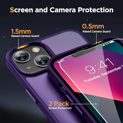 Image of Miracase Magnetic for iPhone 13 Case 6.1 inch (Compatible with MagSafe)(with 2X Screen Protectors) Military-Grade Protection, Anti-Fingerprint Translucent Matte Phone Case Cover, Dark Purple