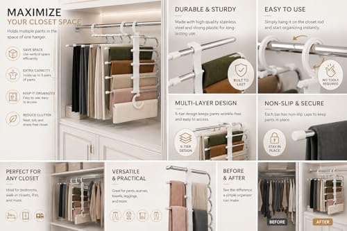 Image of 5 Layer Cloth Hanger Space Saving Closet Organizer, Multi-Tier Trouser & Jeans Hanger, Foldable Wardrobe Storage Rack for Pants, Scarves, Sarees & Clothes - Heavy Duty Anti-Slip Design
