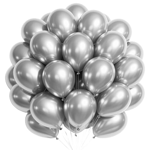 Globos Plata Metálicos, 100 Piezas Globos de Látex Plateados, 10 Pulgadas Globo Cumpleaños Plateados, Plata Guirnalda de globo para Cumpleaños Fiesta Baby Shower Bodas Bautizo Graduación Decoración