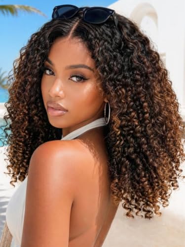 UNICE Burmese Curly Human Hair Wig with Finger Coil Curls, Glueless 7x5 Lace Front Drawstring Wig, Pre Plucked Pre Cut Lace, Bleached Knots, Put On &amp; Go, Black to Chestnut Brown Ombre 24 inch
