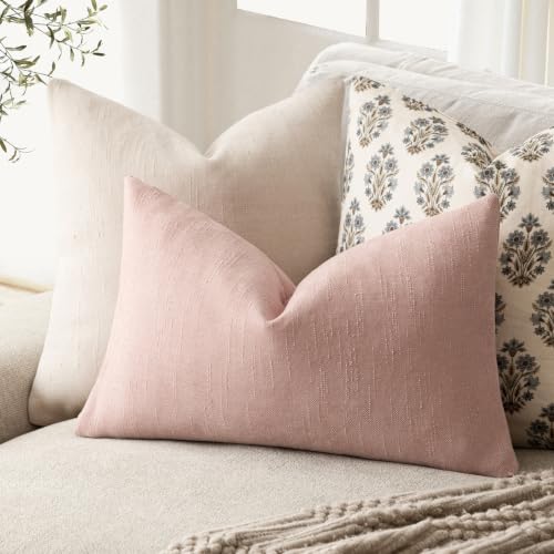Image of Foindtower Pack of 2 Soft Textured Chenille Throw Decorative Pillow Covers Lumbar Accent Solid Cushion Cover Cozy Neutral Farmhouse Pillow Case for Couch Sofa Bedroom Living Room 12x24 Inch,Light Pink