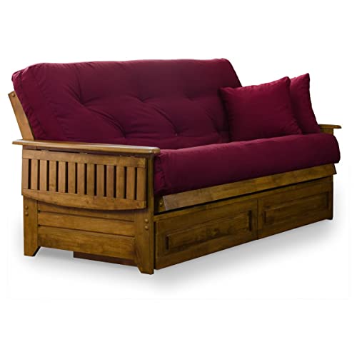 Brentwood Tray Arm Queen Size Wood Futon Frame And Storage Drawers - Heritage Finish #TOP1