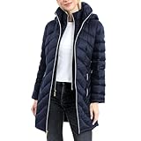 Michael Kors Womens Packable Hooded Puffer Jacket, with Insullating Vest-Style Bib, Winter Jackets for Women, Midblue, XL
