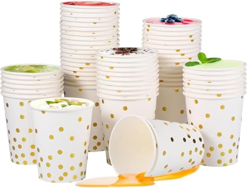 WZHHDM Packung mit 60 Schwarz-Goldenen Party-Papierbechern, 9 OZ/250ml Gold Polka Dot Papierbecher, Kompostierbare Bio Kaffeebecher Party-Papierbecher für Heiß Kaltgetränke (Weiß)