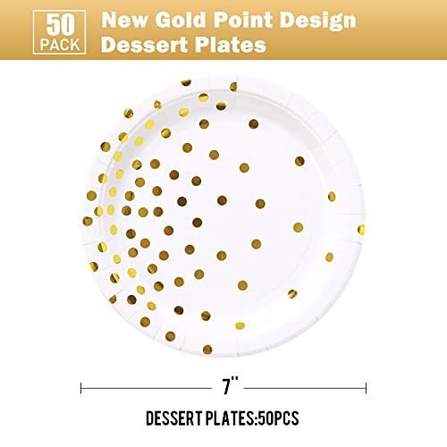 Cenlbj White And Gold Party Supplies, Gold Dot Paper Dessert Plates (50-Count) #TOP1