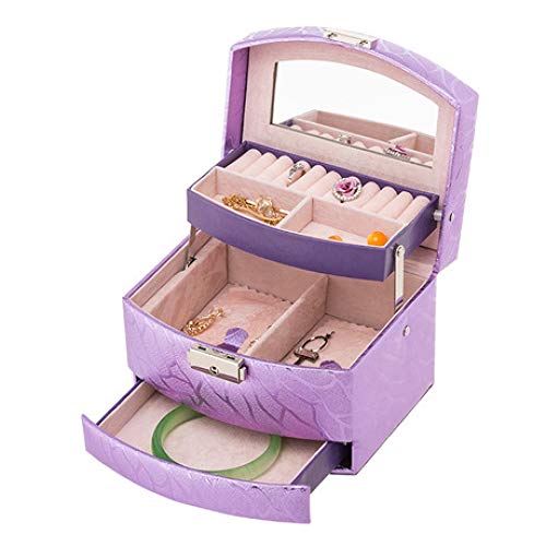 Preisvergleich Produktbild Schminktasche Kosmetiktäschchen Damen Schmuckschatulle Leder Schmuckschatulle Halbautomatische dreischichtige Schmuckschatulle tragbar tragbar lila 15,5 * 13 * 12,5 cm