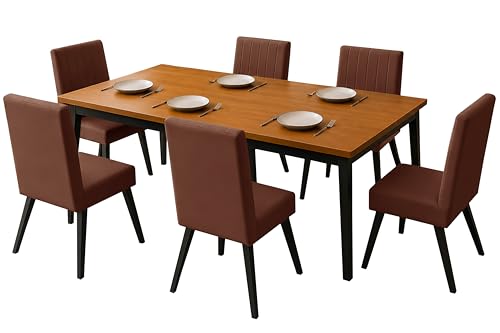 Image of Rosebell 6 Seater Dining Table Set with Cushioned Chairs | Modern Dining Table for Home, Dining Room & Kitchen | Black Metal Legs | Brown