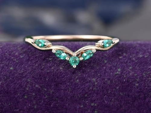 K O J Unique Curved Green Cubic Zirconia Engagaement Band for Women, Vintage Wedding Band in 925 Sterling Silver, Dainty Gift for Her2