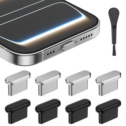 AUZOSL USB C Staubschutz für iPhone 17/17 Pro, 4 Aluminium+4 Silikon Schutzkappe Set mit Aufbewahrungsbox & Reinigungsbürstchen (Silber)