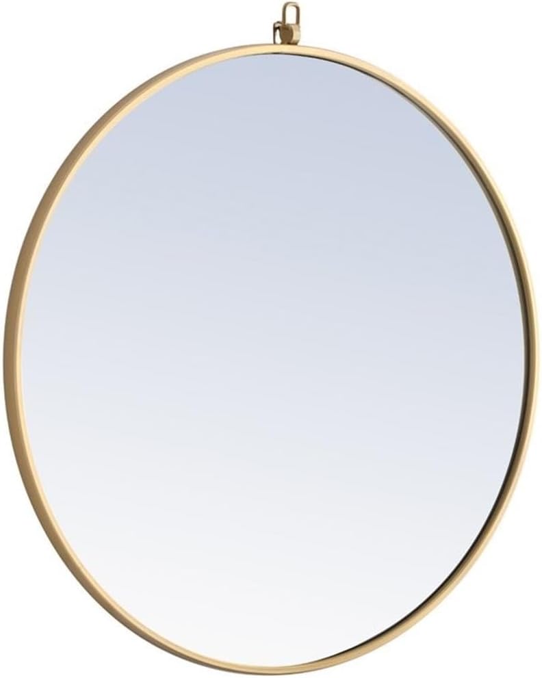 Pemberly Row 28" Round Metal Frame Mirror with Decorative Hook, Brass Finish, Contemporary Design for Living Room, Bedroom, Entryway, Bathroom, Clear Beveled Glass, Easy Vertical/Horizontal
